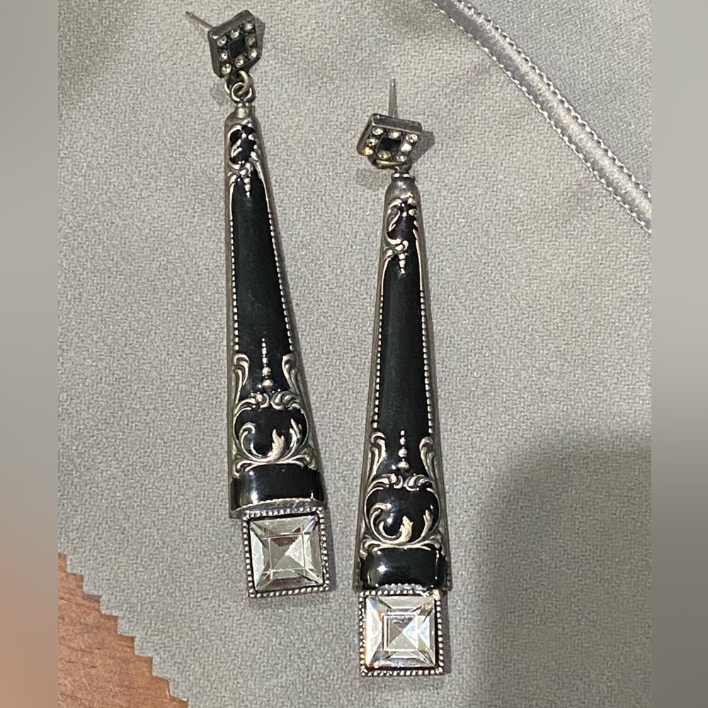 Gothic Victorian Revival Dangle Earrings Antiqued Silver-Tone Rhinestone